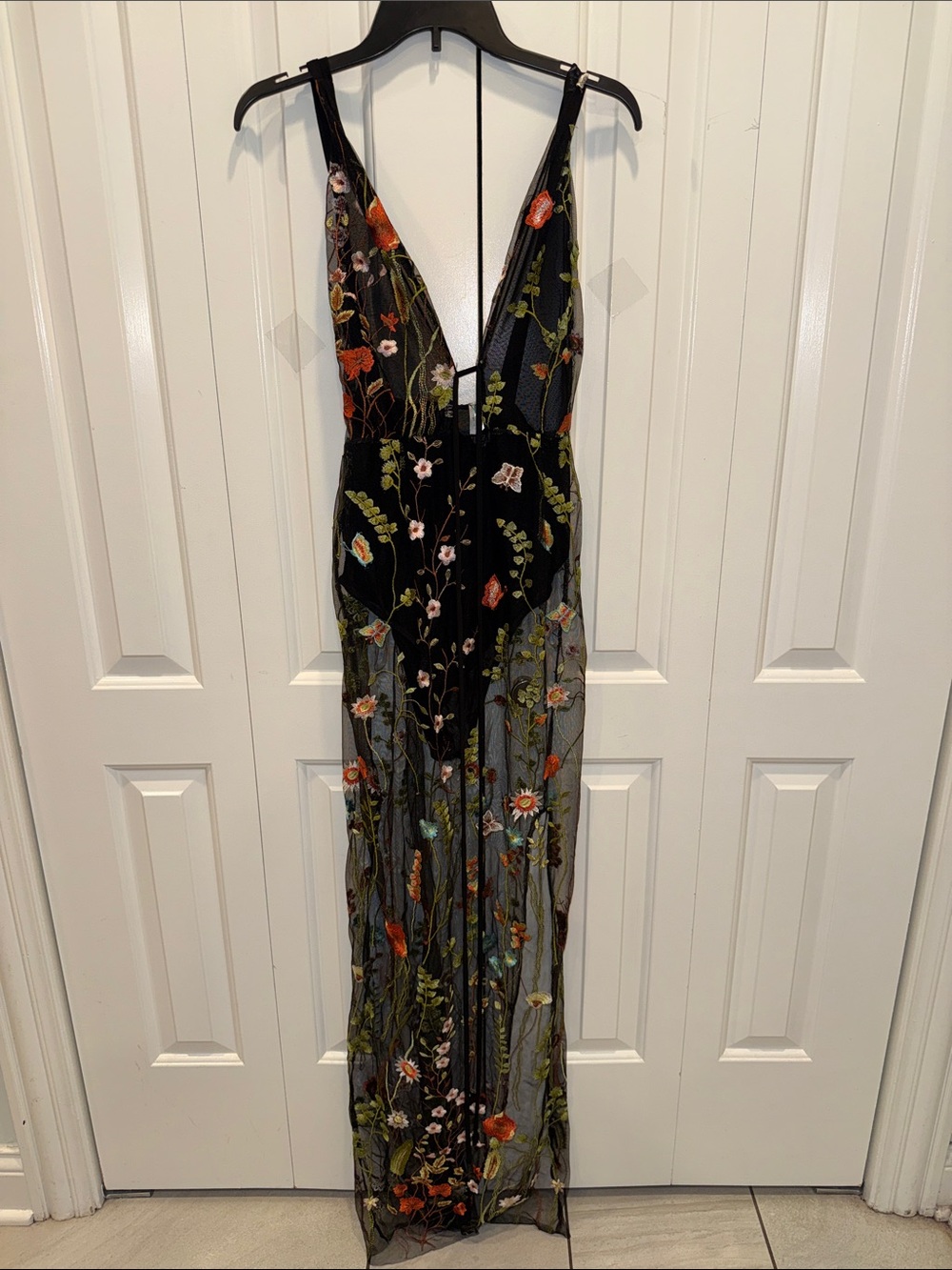 Black Floral Embroidered Sheer Maxi Dress